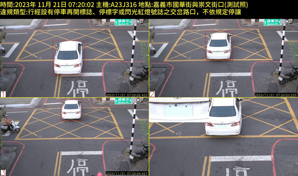 嘉義市警局建置科技執法裝置，分析出汽機車行經國華街、崇文街口主要違規態樣為「未停車再開」／警方提供