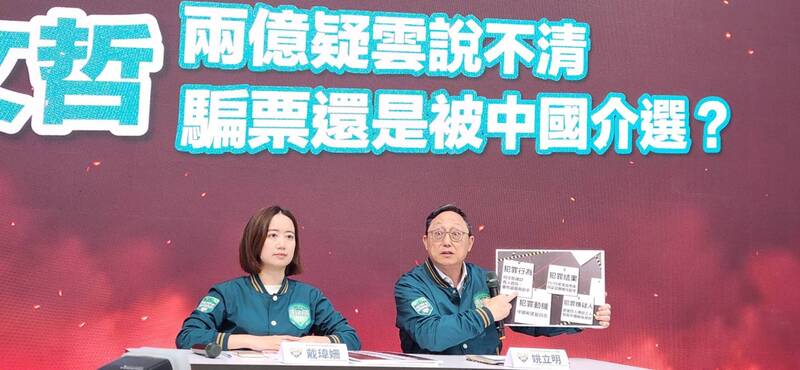 賴清德競總主委姚立明(右)、發言人戴瑋姍召開「2億疑雲說不清,柯文哲是在騙選票還是中國介選」記者會。中央社