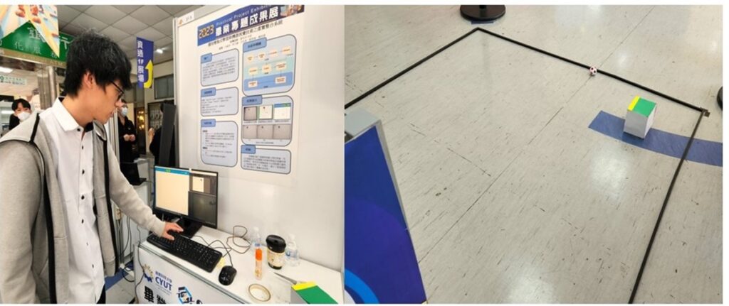 資工系學生現場操作展示「運用增強式學習與機器視覺技術之虛實整合系統」作品。(圖/陳惠玲攝影)