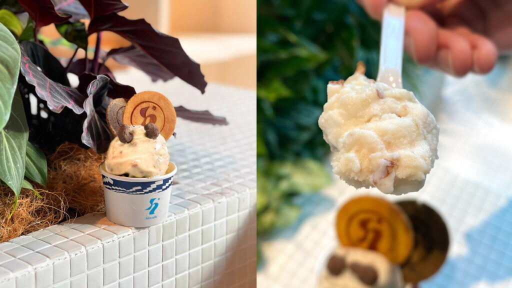 圖說：hiwalk gelato推松菸限定口味「會醉的萊姆葡萄」，配料也升級，獨家加入海拿滋堅果及鐵觀音茶蛋捲點綴。