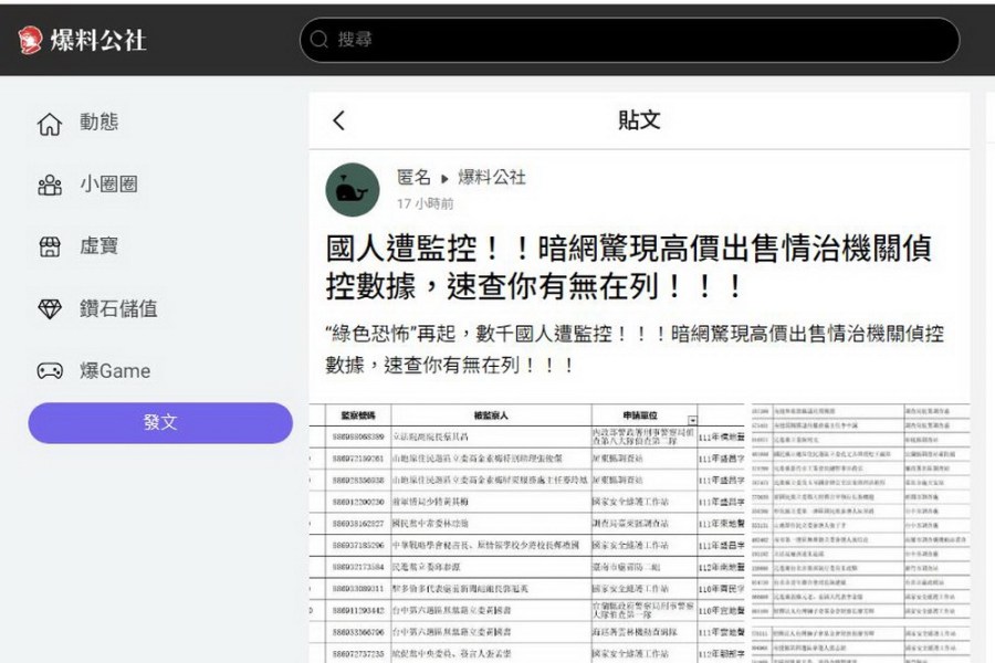 網路驚見高價出售情治機關偵控數據 調查局:舊不實資訊加工拼湊 218 網路驚見高價出售情治機關偵控數據 調查局:舊不實資訊加工拼湊 217
