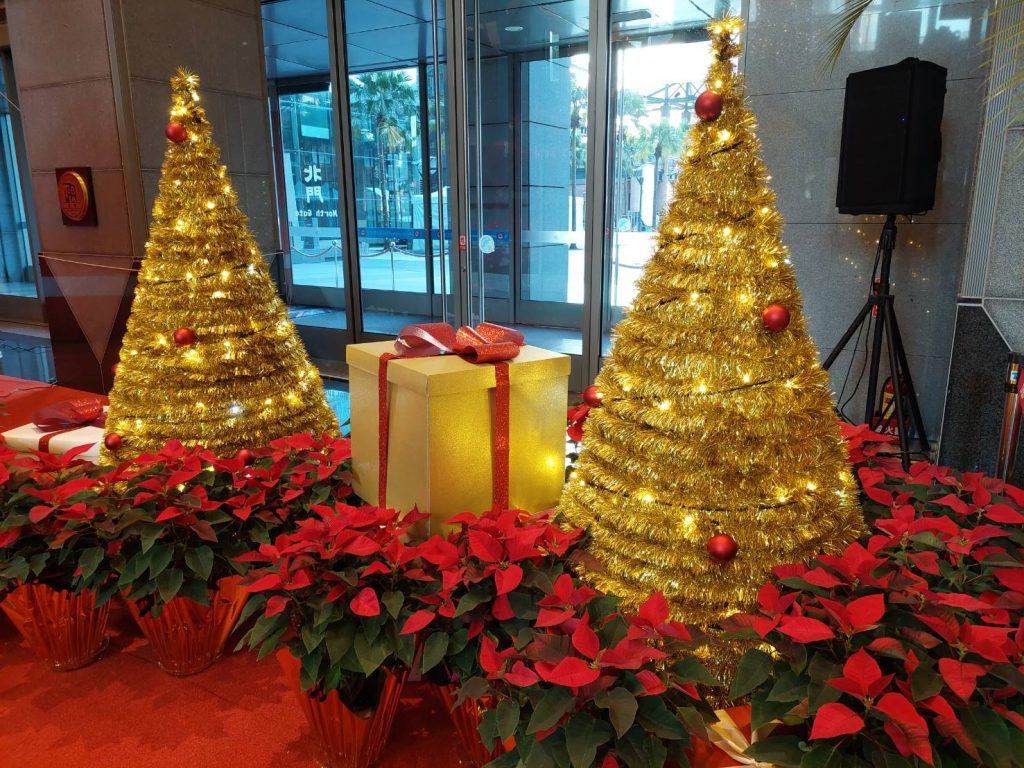 市府於耶誕城活動期間於市府周邊利用多株聖誕紅盆栽妝點營造聖誕節氛圍。(圖/新北政府提供)