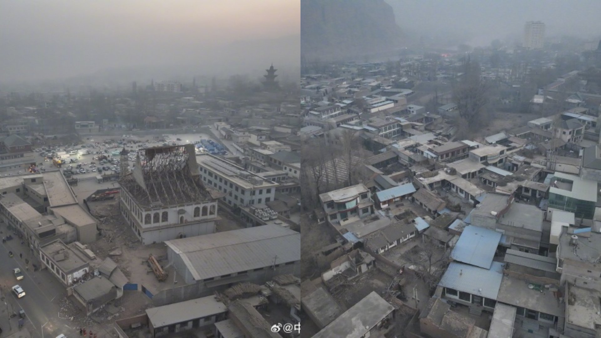 甘肅省發生6.2強震,震央地區許多建築物毀損。合成照片取自中國消防微博