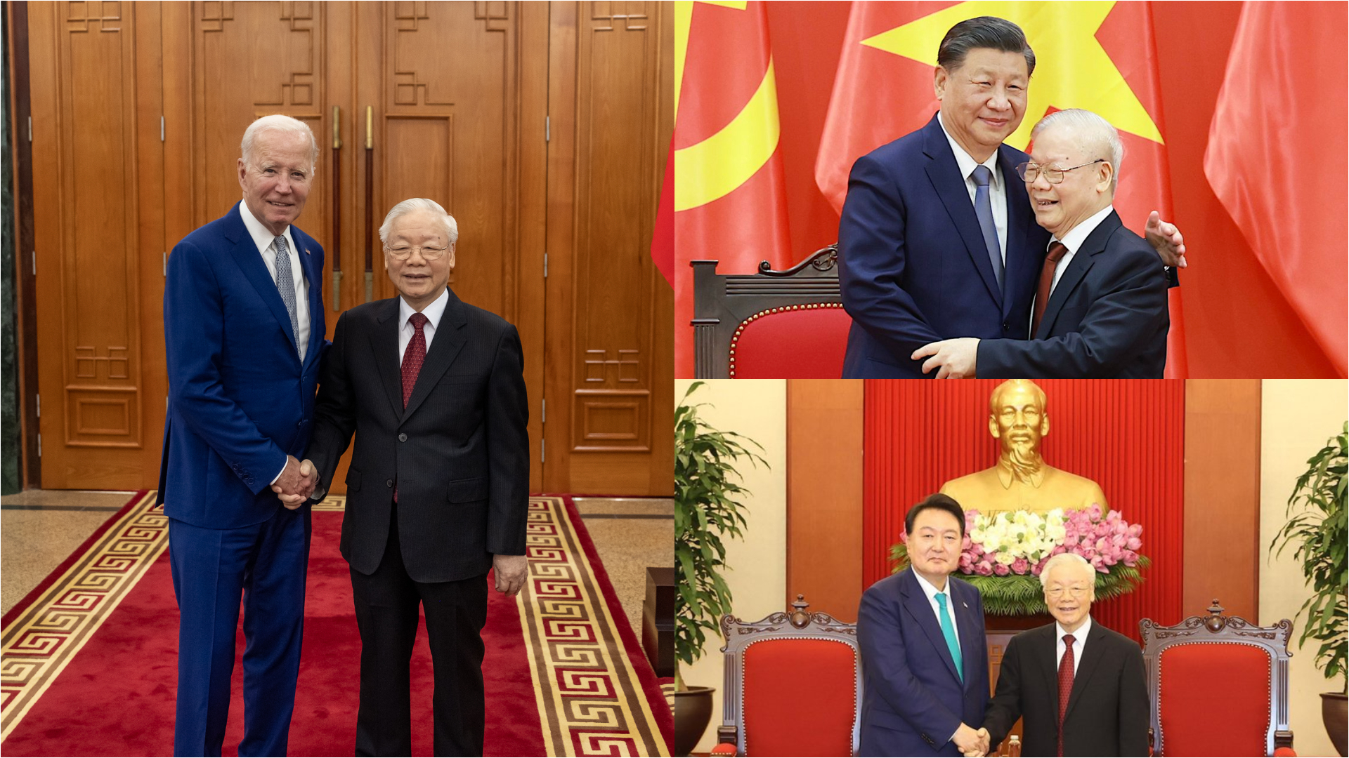 越共中央總書記阮富仲今年陸續會見美國總統拜登(左照左邊)、中國國家主席習近平(右上照左邊)、韓國總統尹錫悅(右下照左邊)。合成照片取自@WhiteHouse、@dbndtv「X」社群平台