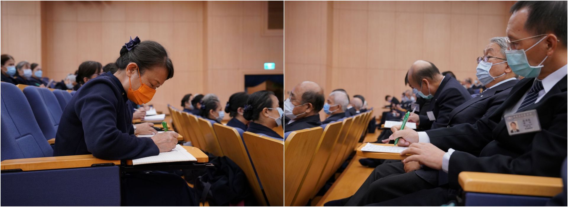 台上顏靜曦李節子師姊分享內容精彩,台下志工也努力筆記,不想錯過任何法脈精髓。