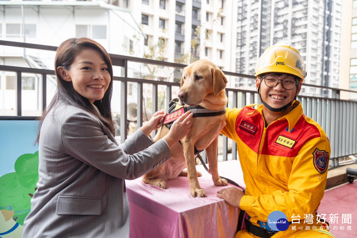 高虹安市長為通過國家MRT救援能力認證的搜救犬HENIN、CLAY授予一線四星官階(圖為HENIN)。