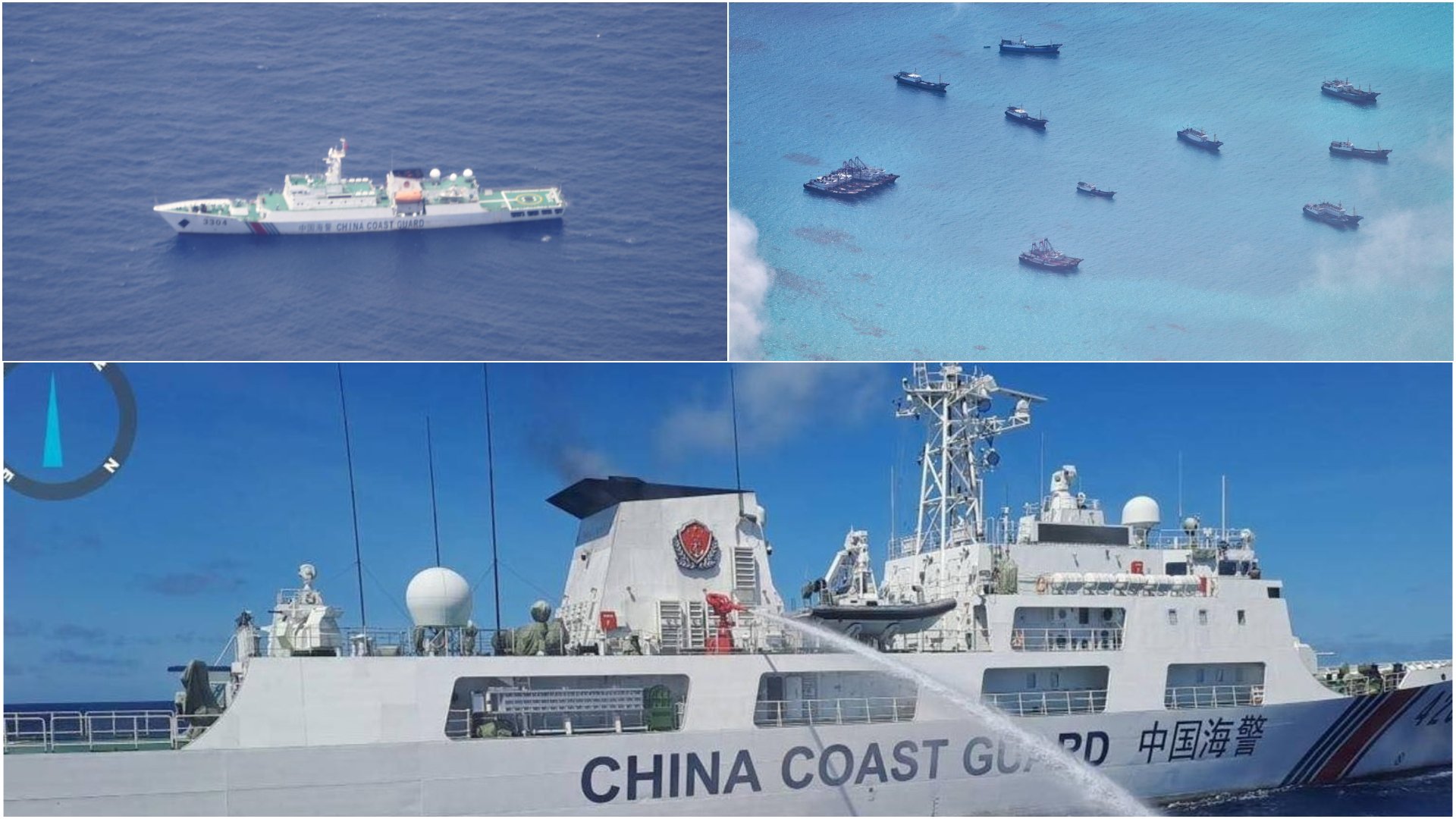 菲律賓海巡署於去年7、8月陸續公布,中國海警船、大批民船在南海爭端區域巡邏照片,以及中國海警船向菲國船隻發射水砲照片。合成照片取自PCG臉書