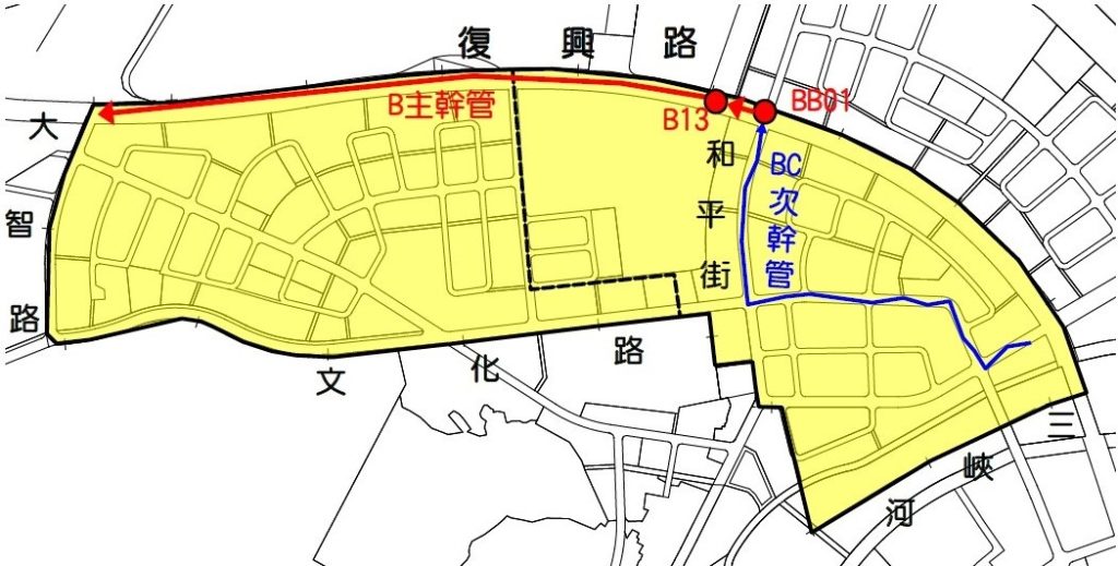 「新北市三峽區、鶯歌區污水下水道系統第二期工程污水管線第十二標次幹管、支分管及用戶接管」工程範圍示意圖。（圖/新北市政府提供）