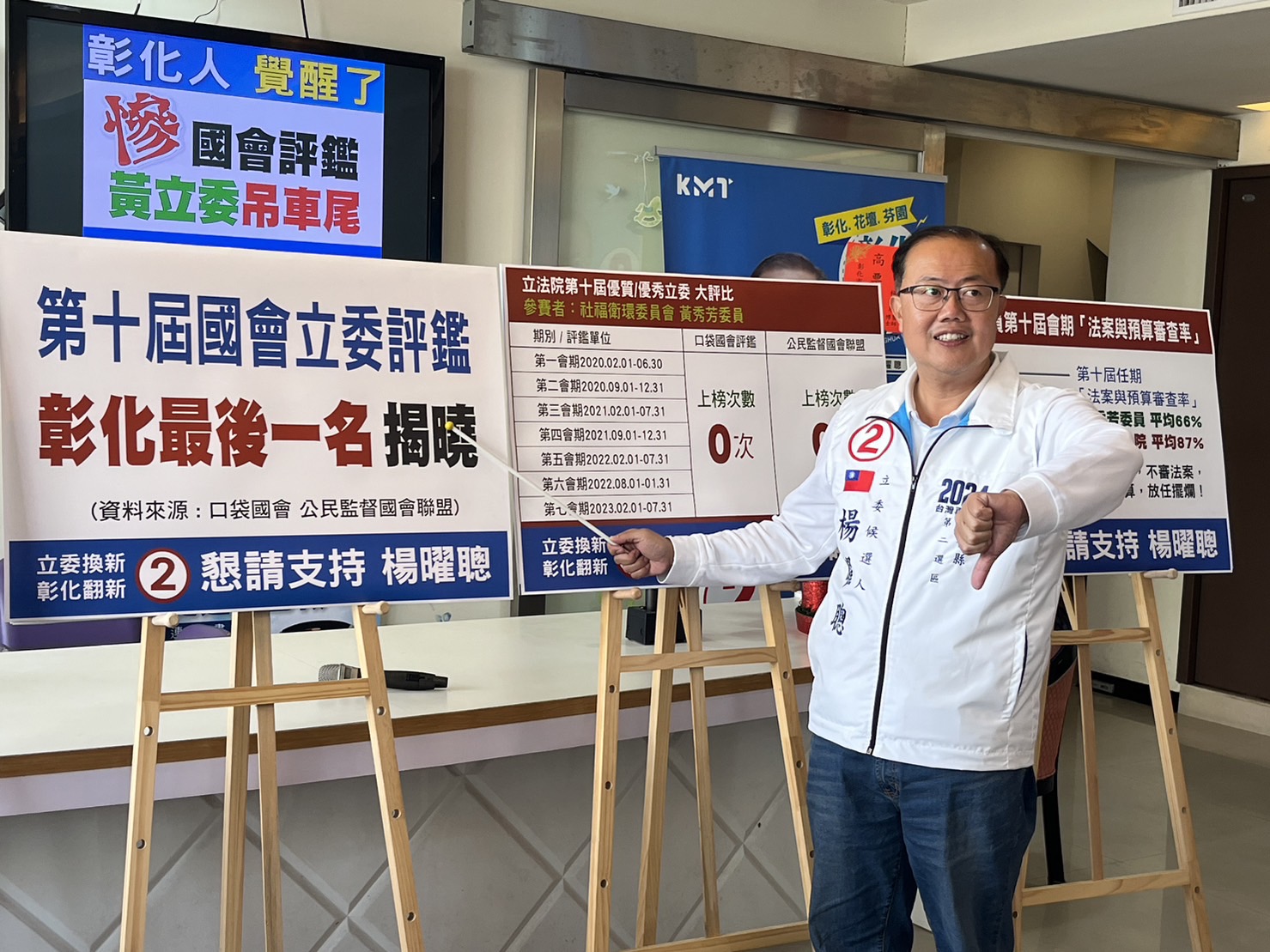 ▲彰化二選區立委候選人楊曜聰揭曉第10屆國會優質、優秀立委評鑑結果,民進黨立委黃秀芳成為彰化立委的最後一名,強烈要求下架這位未能充分履行職守的現任立委。(記者張溎壕攝)