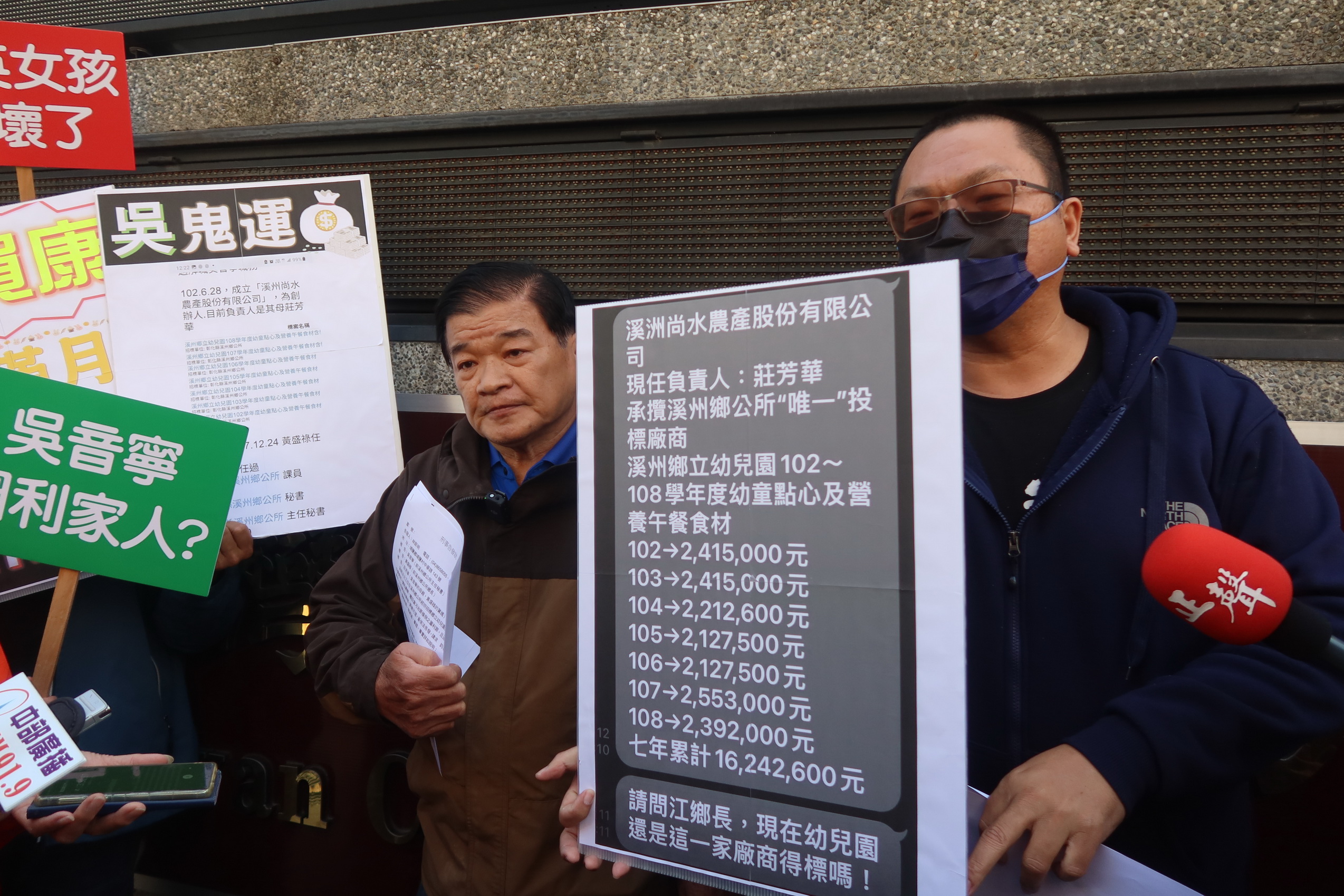 ▲彰化前民進黨資深黨員林斯明手拿「吳鬼搬運」立牌，前往彰化地檢署按鈴控告第三選區立委候選人吳音寧等三人觸犯貪汙治罪條例圖利罪。（記者張溎壕攝）