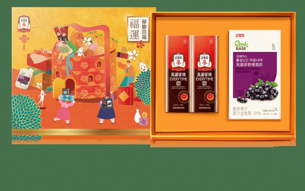 「蔘慶喜福-福運禮盒」內含「高麗蔘精EVERYTIME柚」10入2盒與「高麗蔘野櫻莓飲」5入1盒,享新春好魅力價NT1,500元。