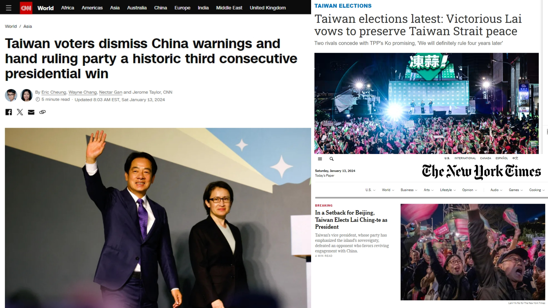 國際媒體高度關注台灣大選。CNN(左)、日經亞洲(左上)、《紐約時報》(右下)在13日大選結果出爐,立刻發文報導。合成照片取自CNN、日經亞洲、《紐約時報》網頁截圖