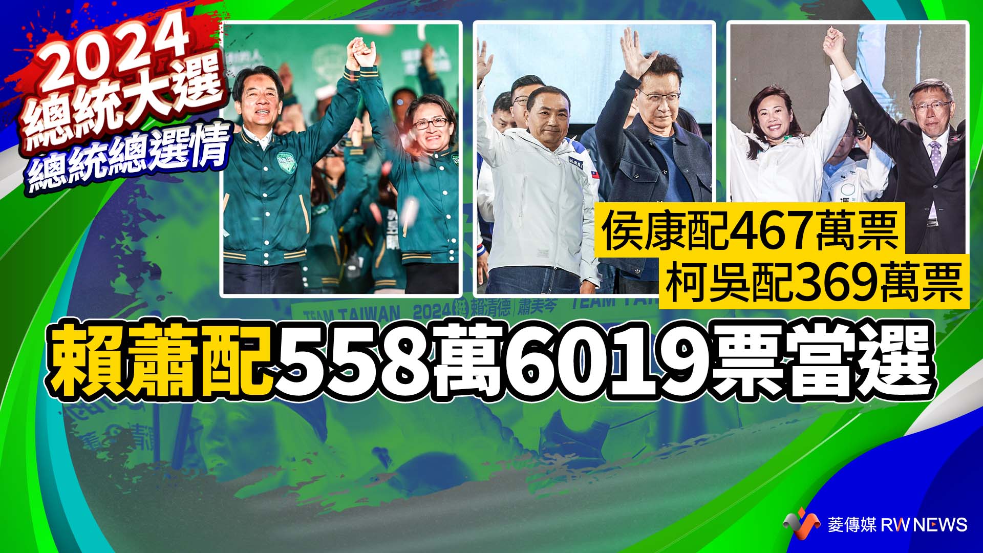總統總選情/賴蕭配558萬6019票當選 侯康配467萬票、柯吳配369萬票