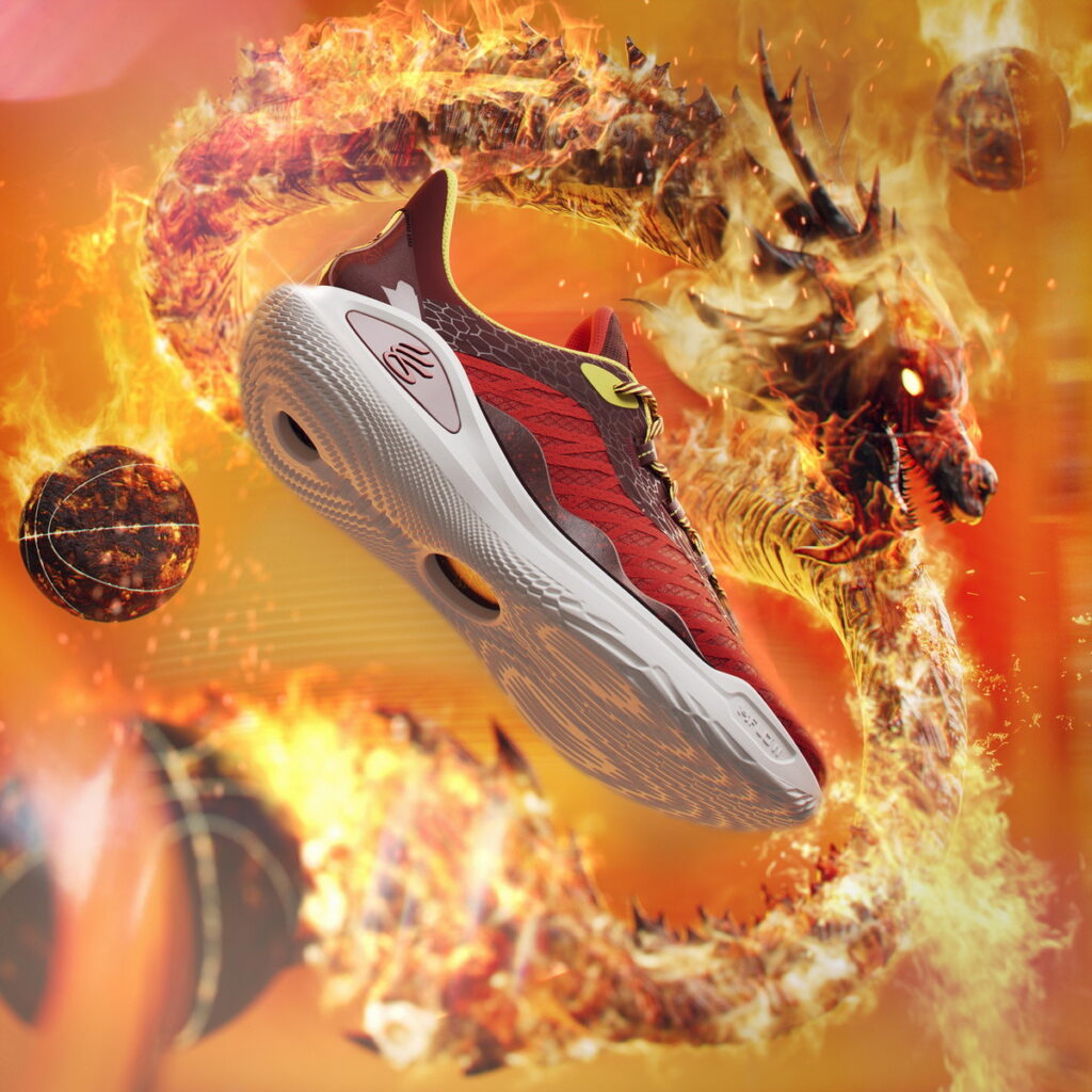 CURRY 11 X BRUCE LEE「Fire」配色,鞋面揮灑龍形印花,搭配火紅色調營造視覺震撼效果!