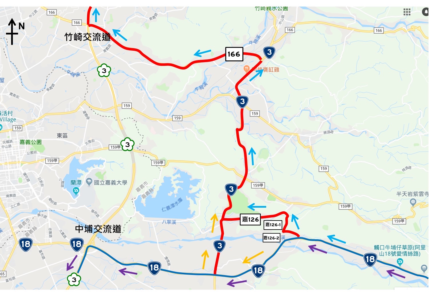 ▲「台１８線中埔-頂六路段」公路局雲嘉南區分局提供上山及下山兩條替代路線。（記者陳世秀翻攝）