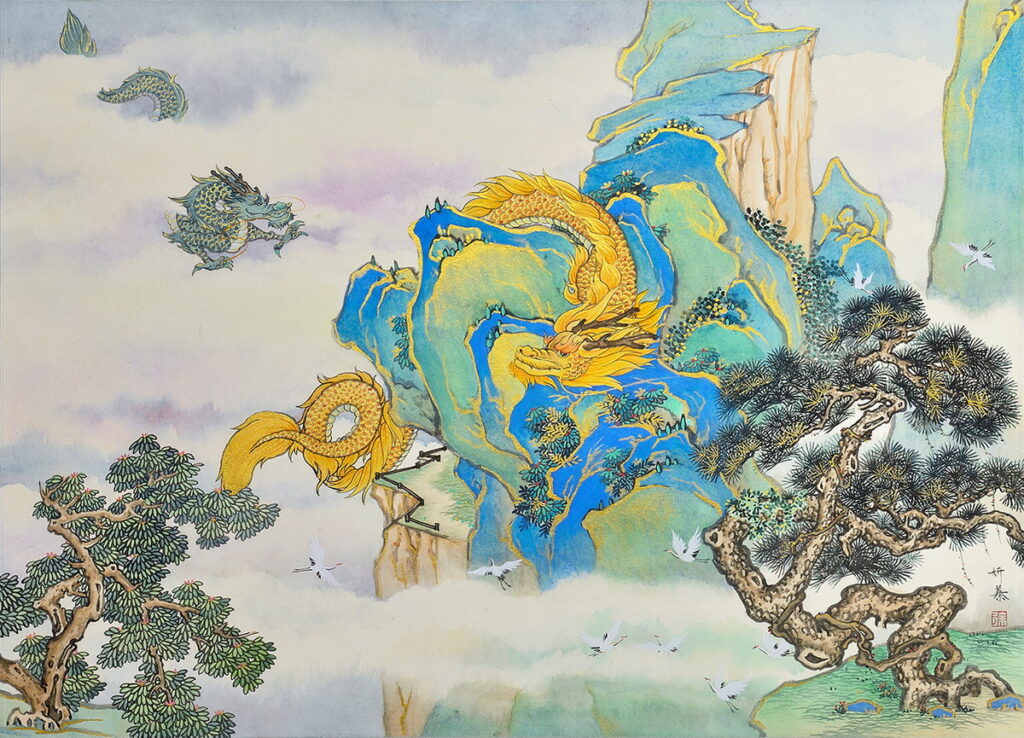 新銳藝術家徐妍蓁為了本次與統清的聯名禮盒,特別創作了「金碧游龍」山水畫作。