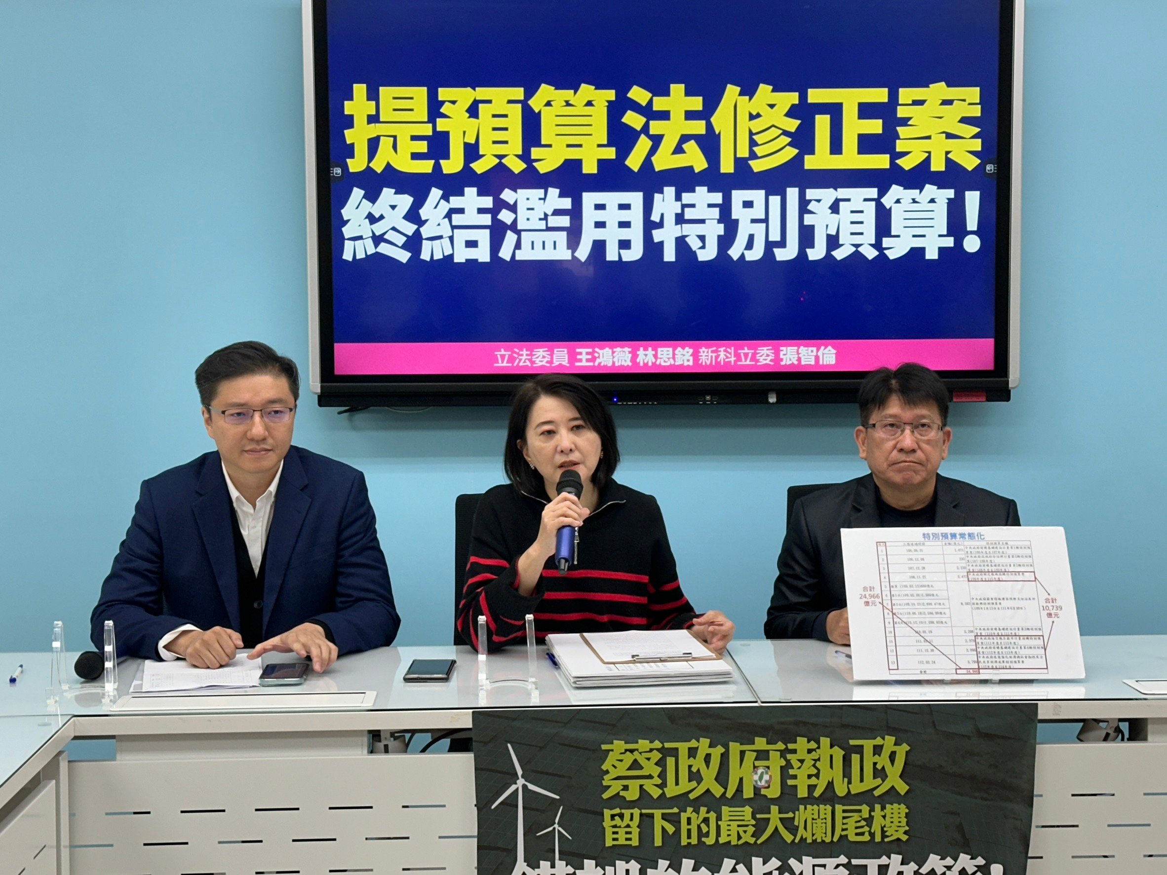國民黨立委張智倫（左起）、王鴻薇、林思銘召開記者會，將提案修正預算法案。林啟弘攝