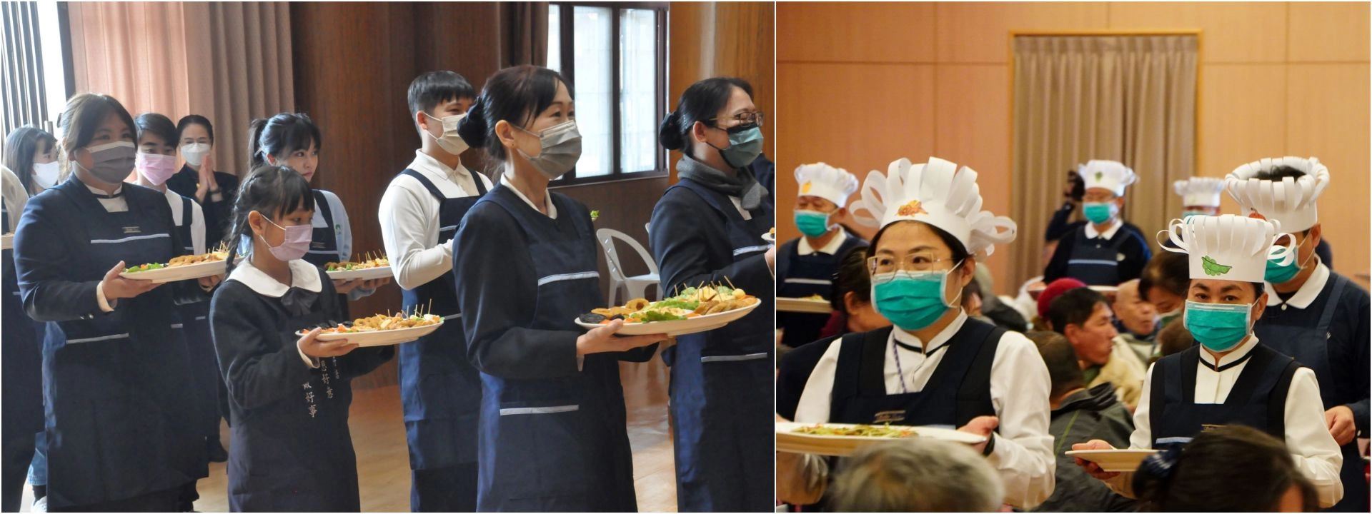 (左圖)師長們在安平聯絡處歡喜為感恩戶上菜。(右圖)參與佳里聯絡處活動的師長們戴起廚師帽並穿上圍裙,為鄉親呈現精彩的上菜秀。