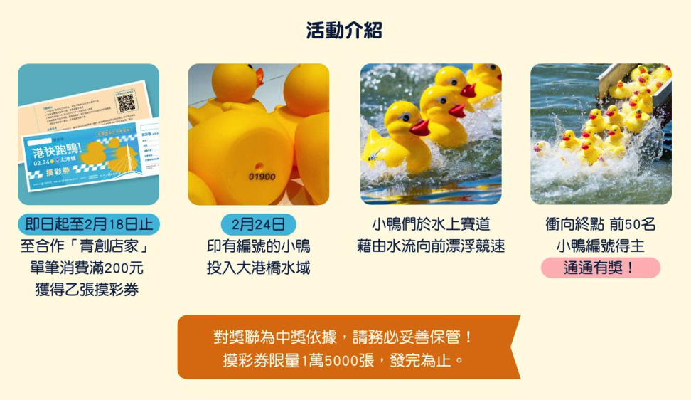▲「港快跑鴨!」水域摸彩活動以極具創意的水域抽獎模式，將1萬5000隻小鴨投入大港橋水域，並藉由水流向前漂浮，看哪隻小鴨最先衝到終點。(記者 吳月惠 翻攝)