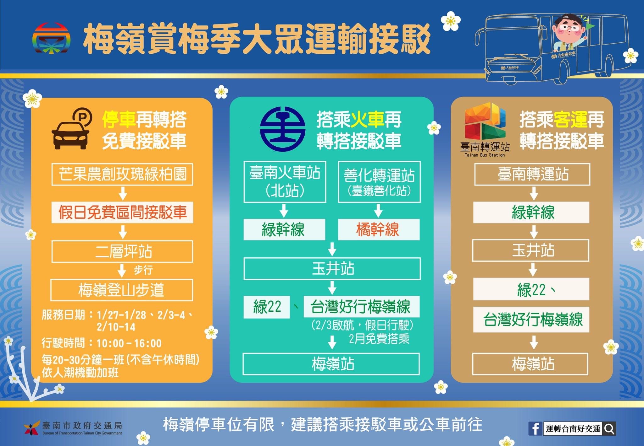 ▲台南市公共運輸處規劃提供梅嶺賞梅免費區間接駁車。(圖/台南市政府提供)