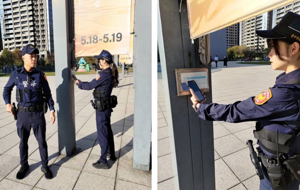 ▲圖說：中市警局全面使用「電子巡簽系統」，員警在巡簽時還能注意周圍安全 （圖／台中市政府提供）
