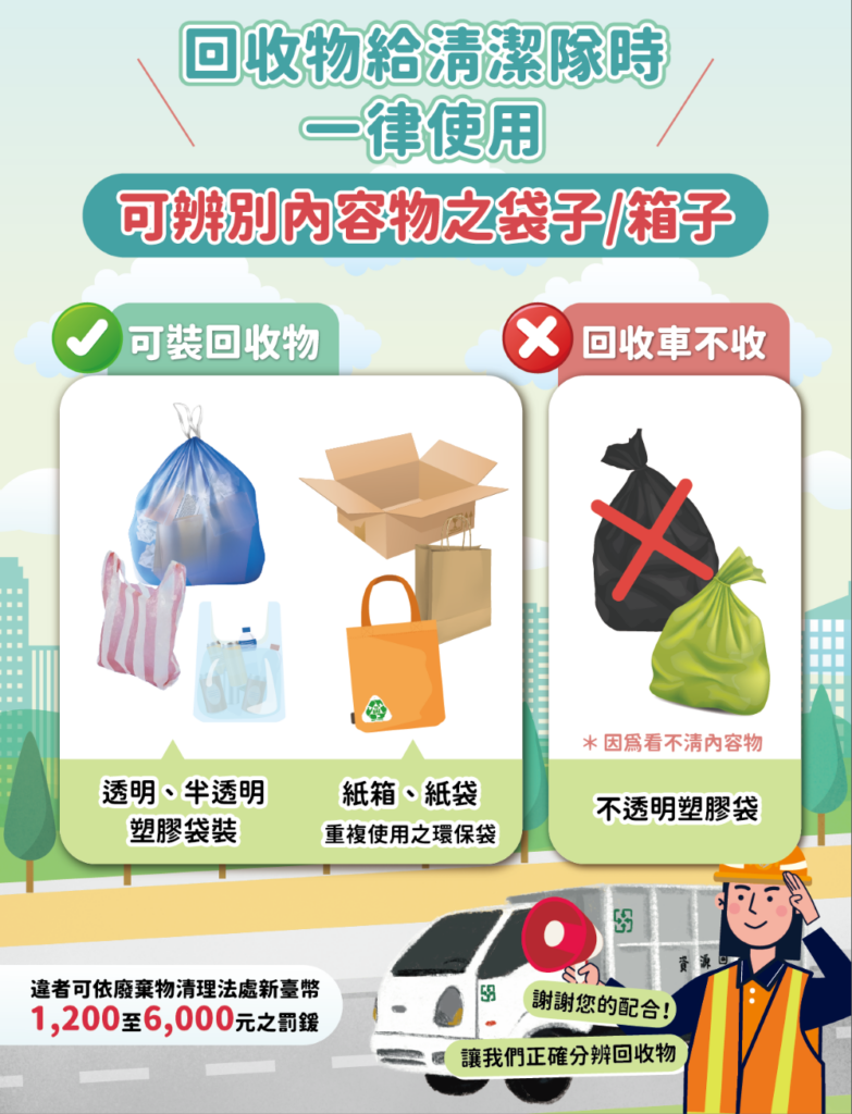《圖說》新北市環保局公告如以塑膠袋盛裝回收物,其外觀須為可辨明內容物之透明或半透明材質。〈環保局提供〉