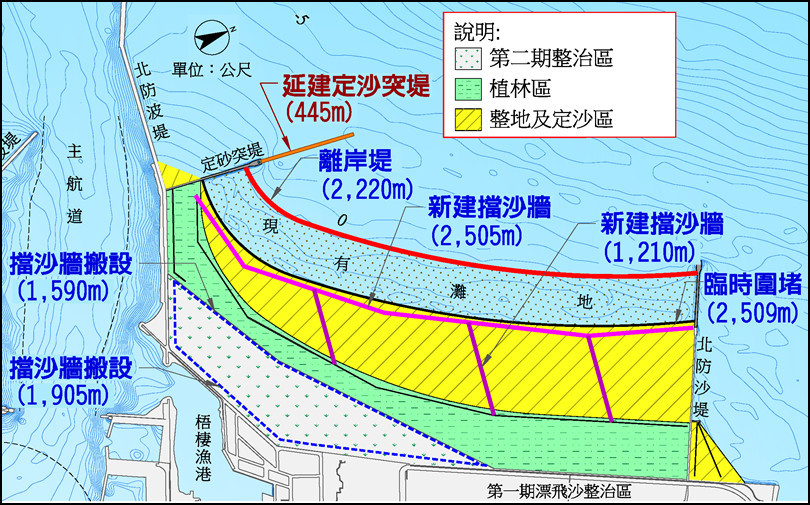 北側淤沙區漂飛沙整治第四期工程平面圖。