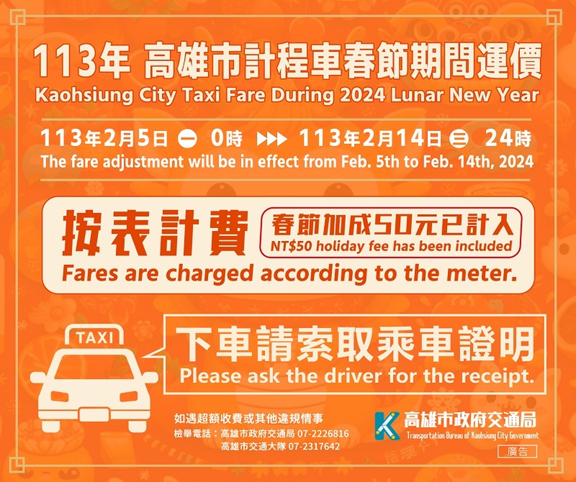 高雄計程車春節加成2/5-2/14 原運價再加50元!