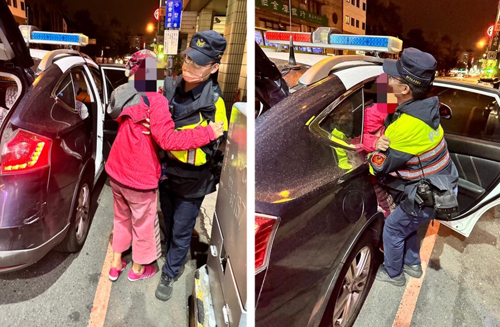 ▲圖說:江姓老婦迷路柳川河畔,員警緩緩將江婦抱上車送返家 (圖/台中市政府提供)