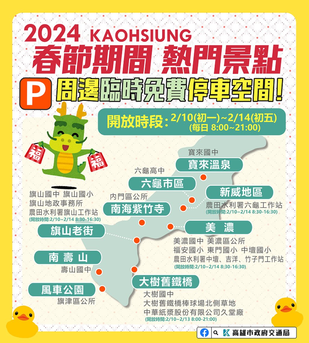 113年春節期間高雄市熱門景點周邊開放臨時停車空間