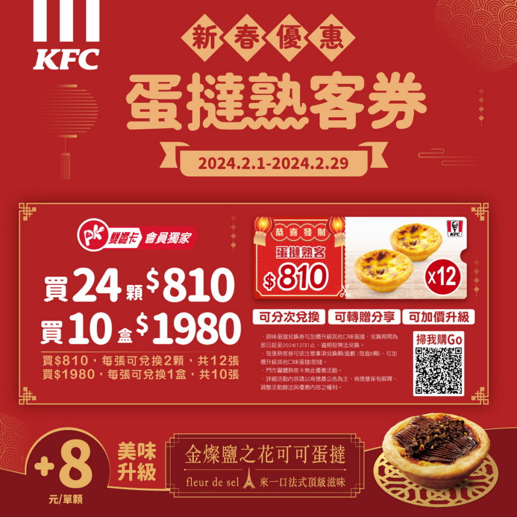 過年來肯德基「肯好運」!雙饗卡APP會員線上點餐抽純金元寶!買「蛋撻熟客券」超激省72折。