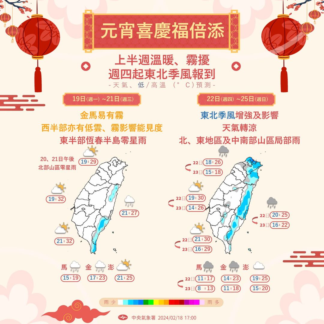 ▲週四起東北季風增強，各地溫度逐漸下降。（圖／報天氣 - 中央氣象署臉書）