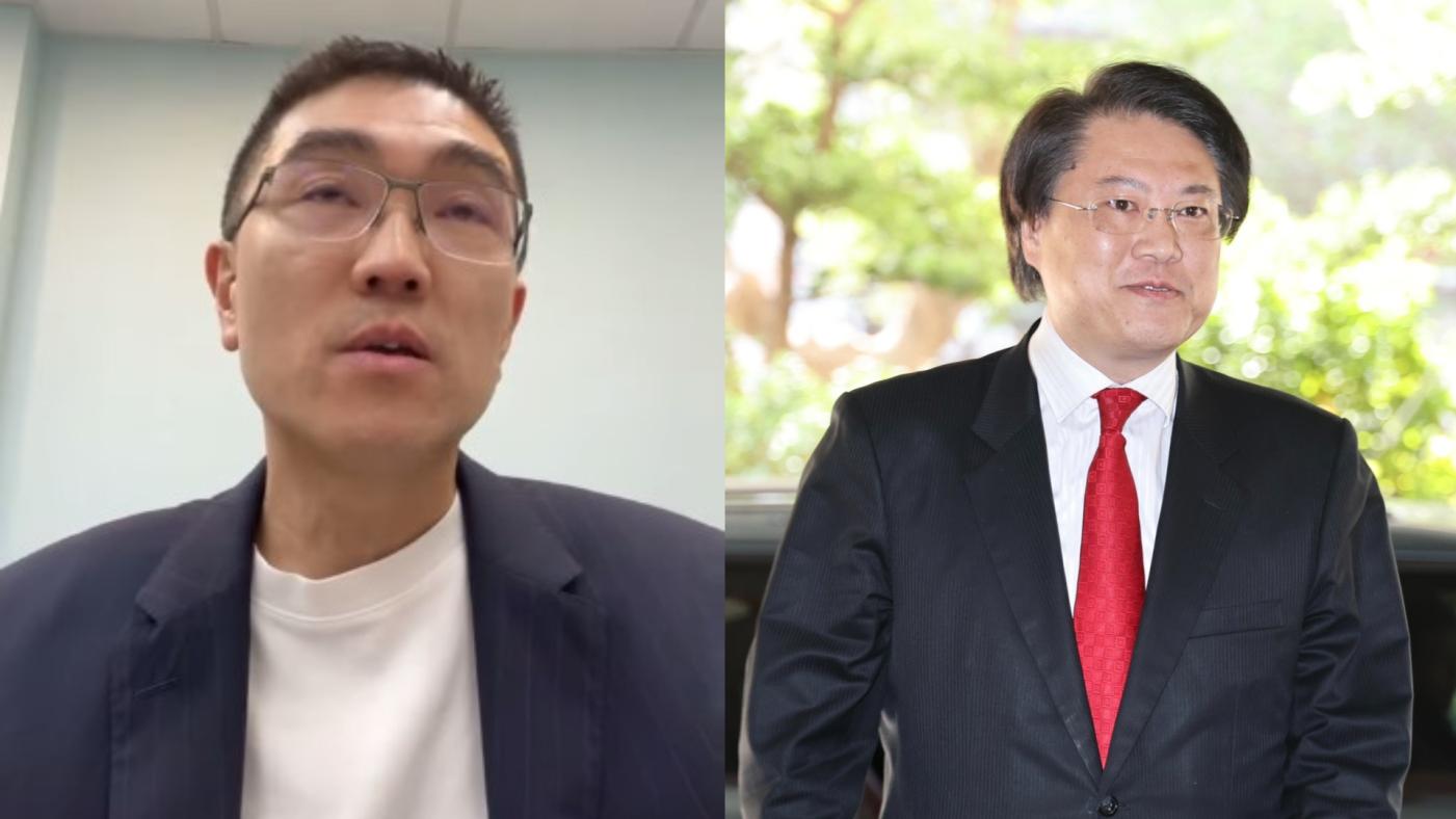 謝國樑(左,翻攝臉書)直播講東岸廣場爭議,卻遭林右昌(右,林啟弘攝)反批「喝醉?拉K?」