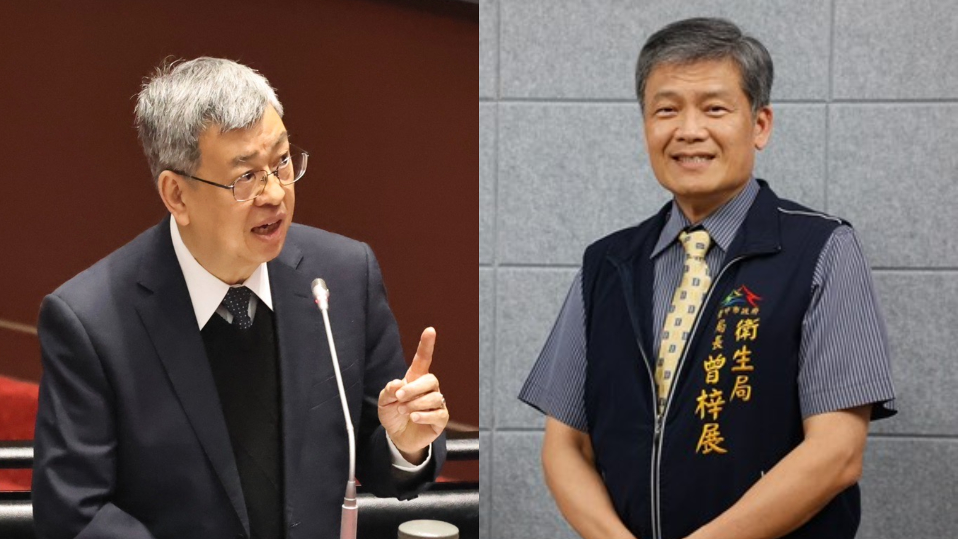 台中市衛生局長曾梓展(右)駁斥行政院長陳建仁(左)指中市食安處實驗室可能受到污染。左林啟弘攝、右翻攝台中市政府衛生局網站