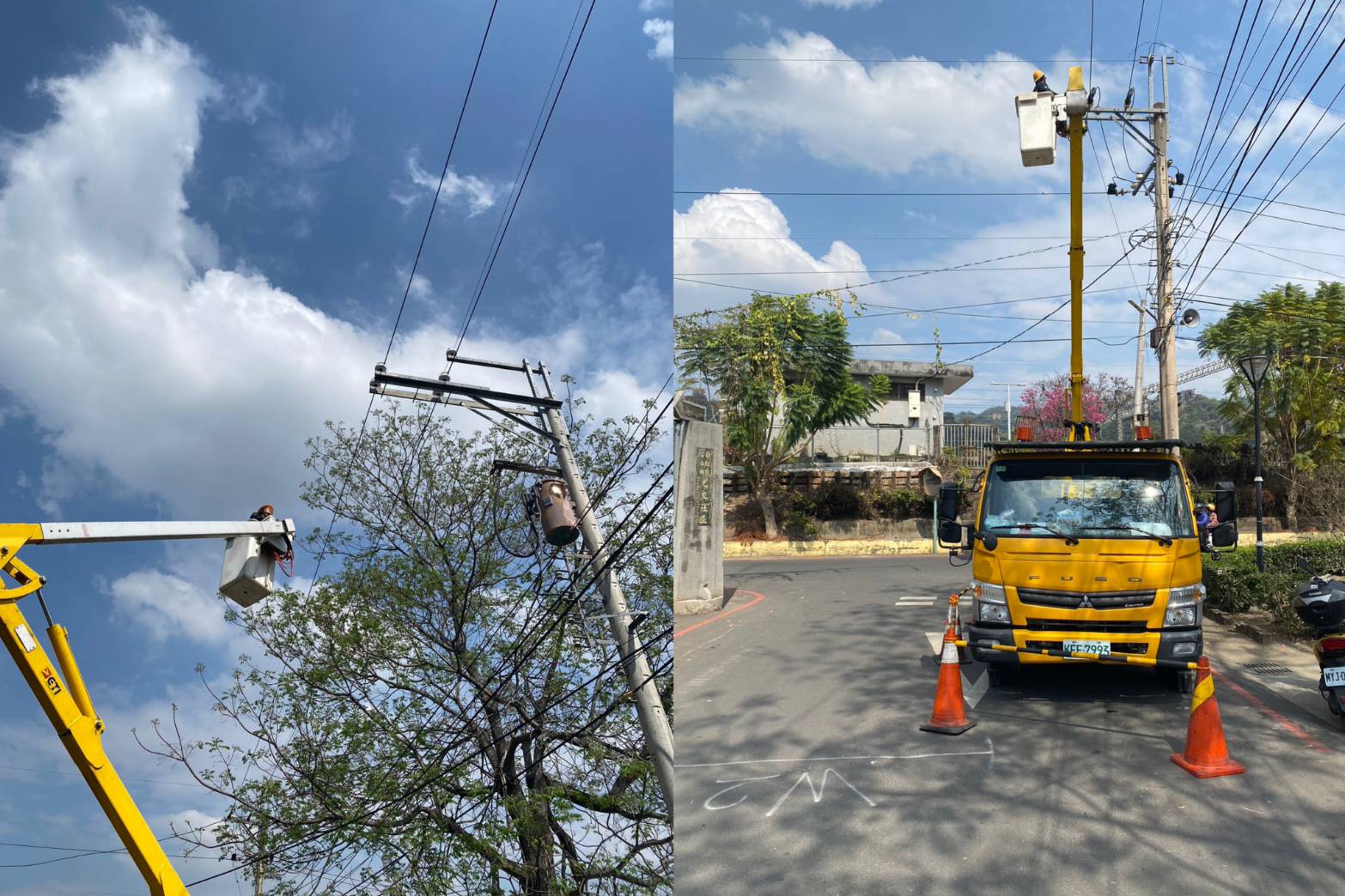 ▲二水老街旁巷弄光明路近中午時電線杆突然傳出3次「爆裂聲」，造成131戶停電。（民眾提供）