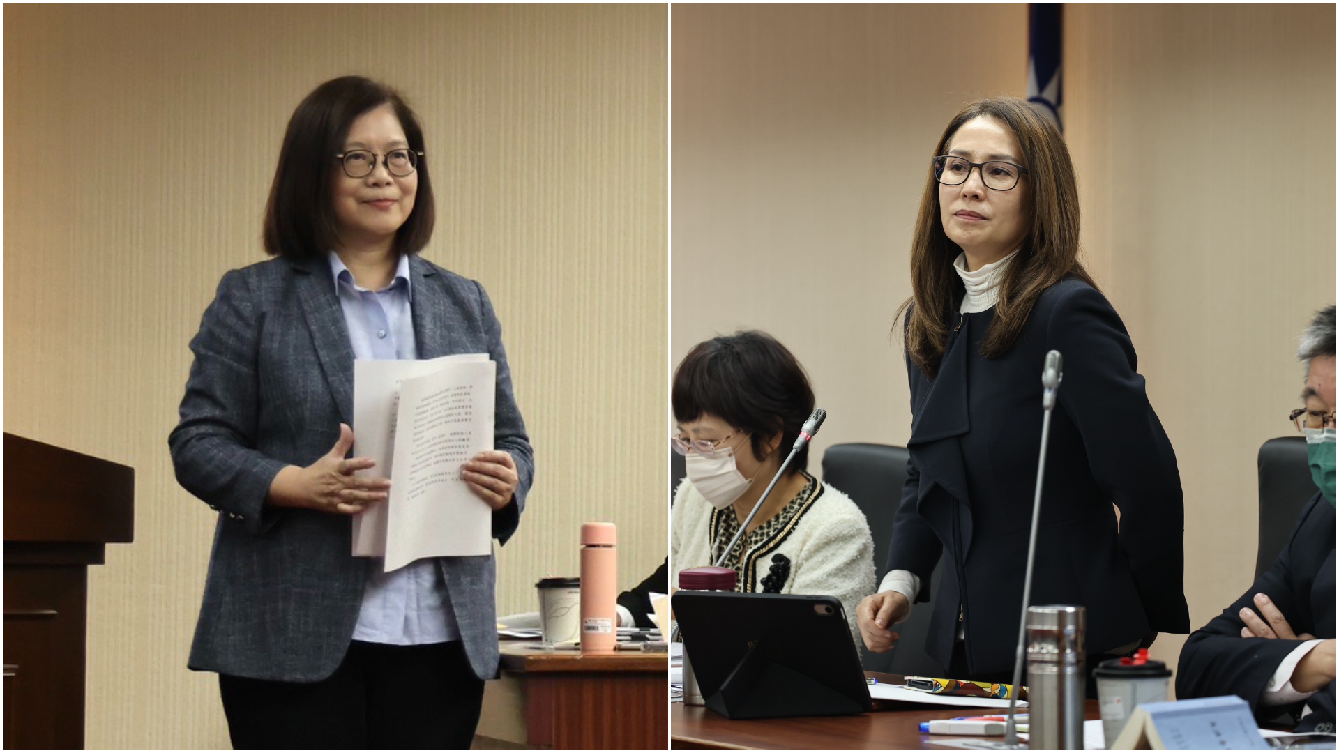 高金素梅（右）與管碧玲（左）今在內委會開會前，先為簡訊事件針鋒相對。林啟弘攝