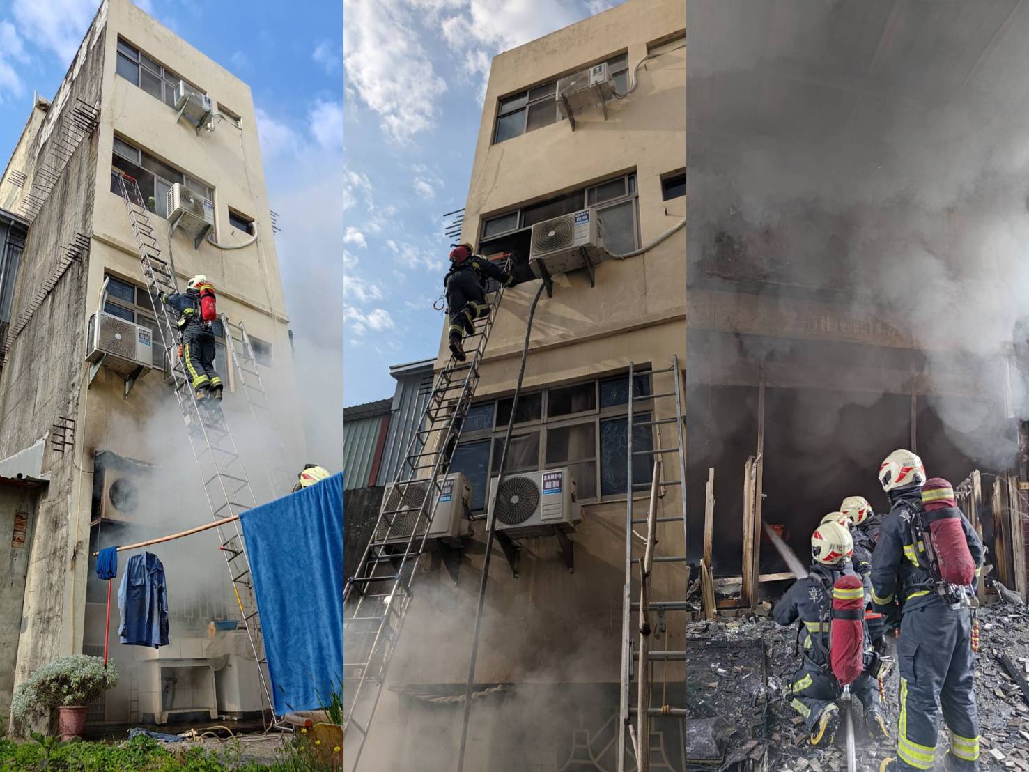 ▲彰化市彰水路一棟5樓透天厝民宅上發生火警,屋內三人一人自行逃出,有兩名男子受困,彰化消防局消防員衝入火場將2人救出,緊急送往醫院搶救。(消防局提供)