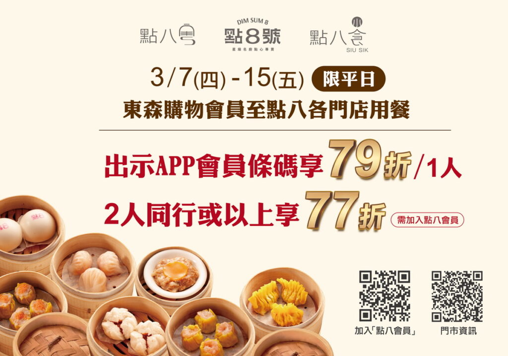 點八餐飲集團攜手東森購物推出會員限定優惠，3/7-3/15平日時段憑東森購物APP會員條碼，並加入點八會員，即可享79折優惠，2人以上同行享77折。