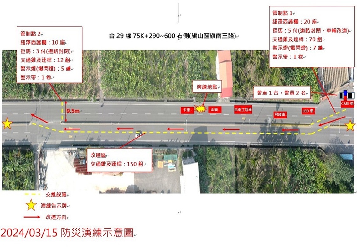 台29線旗山區旗南三路路段南下車道  3/15辦理防災而交通管制演練