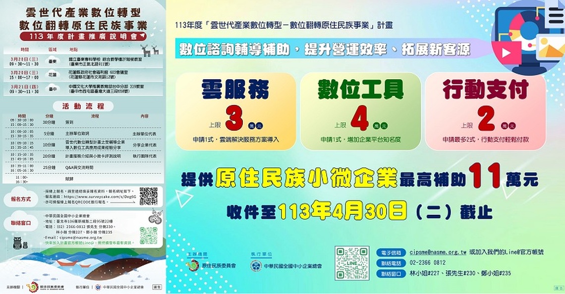 113年「雲世代產業數位轉型-數位翻轉原住民族事業」計畫 申請受理及說明會開跑囉!
