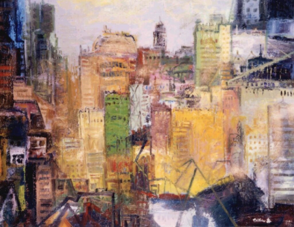侯翠杏1996年作品「都會心象」,畫出20年後的高雄繁榮願景。