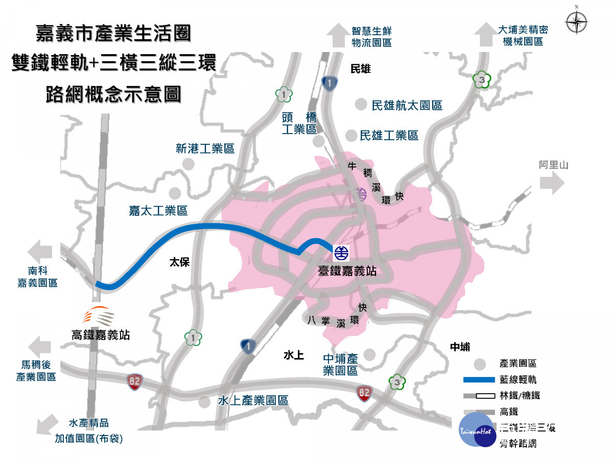 嘉義市產業生活圈雙鐵輕軌及三橫三縱三環路網概念示意圖/嘉義市府提供