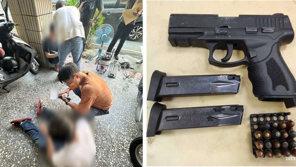 ▲圖說:毒販林嫌與楊嫌在結束油漆工程時遭警方逮捕,起獲模擬槍及子彈等證物 (圖/台中市政府提供)
