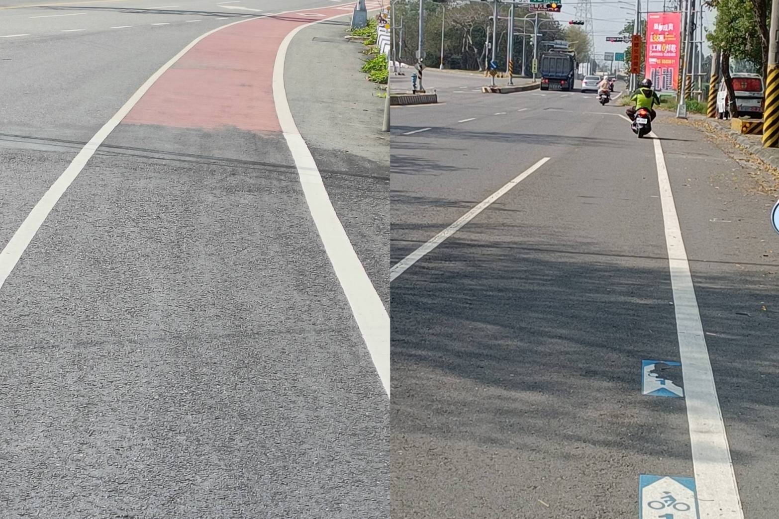 ▲西螺大橋往彰化端道路畫有一段約200公尺的單車專用道，不少機車騎士往返西螺大橋時，因為道路限縮，誤以為機車道闖入，結果慘被開罰600元。（記者張溎壕攝）