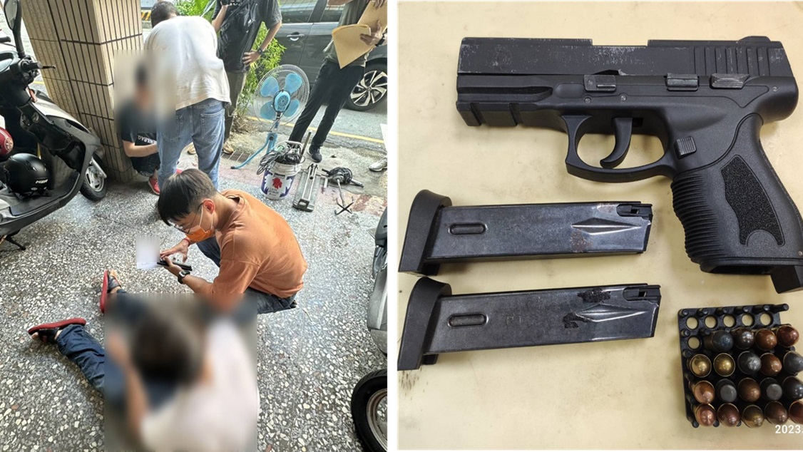 ▲圖說:毒販林嫌與楊嫌在結束油漆工程時遭警方逮捕,起獲模擬槍及子彈等證物 (圖/台中市政府提供)