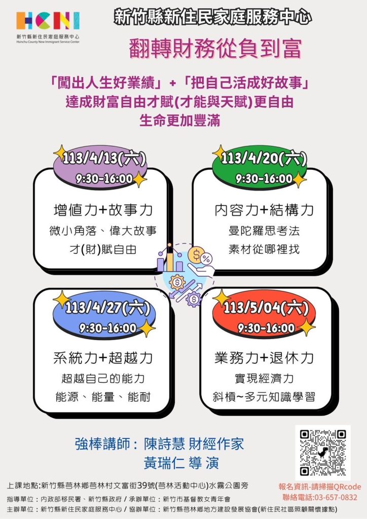 「翻轉財務從負到富」課程海報。(圖/新竹縣新住民家庭服務中心提供)