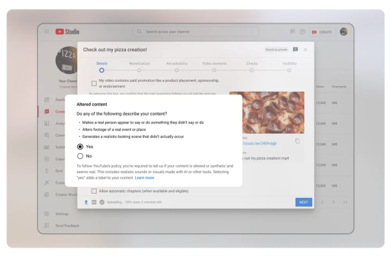 YouTube在Creator Studio添加新工具,針對3種AI生成內容 規範創作者應進行明確標註
