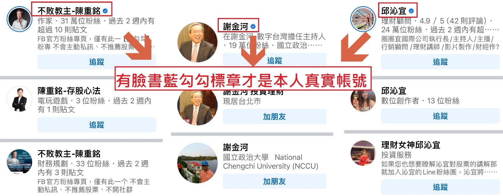 真假難辨?臉書藍勾勾認證標章才是本人真實帳號。(圖/刑事警察局提供)
