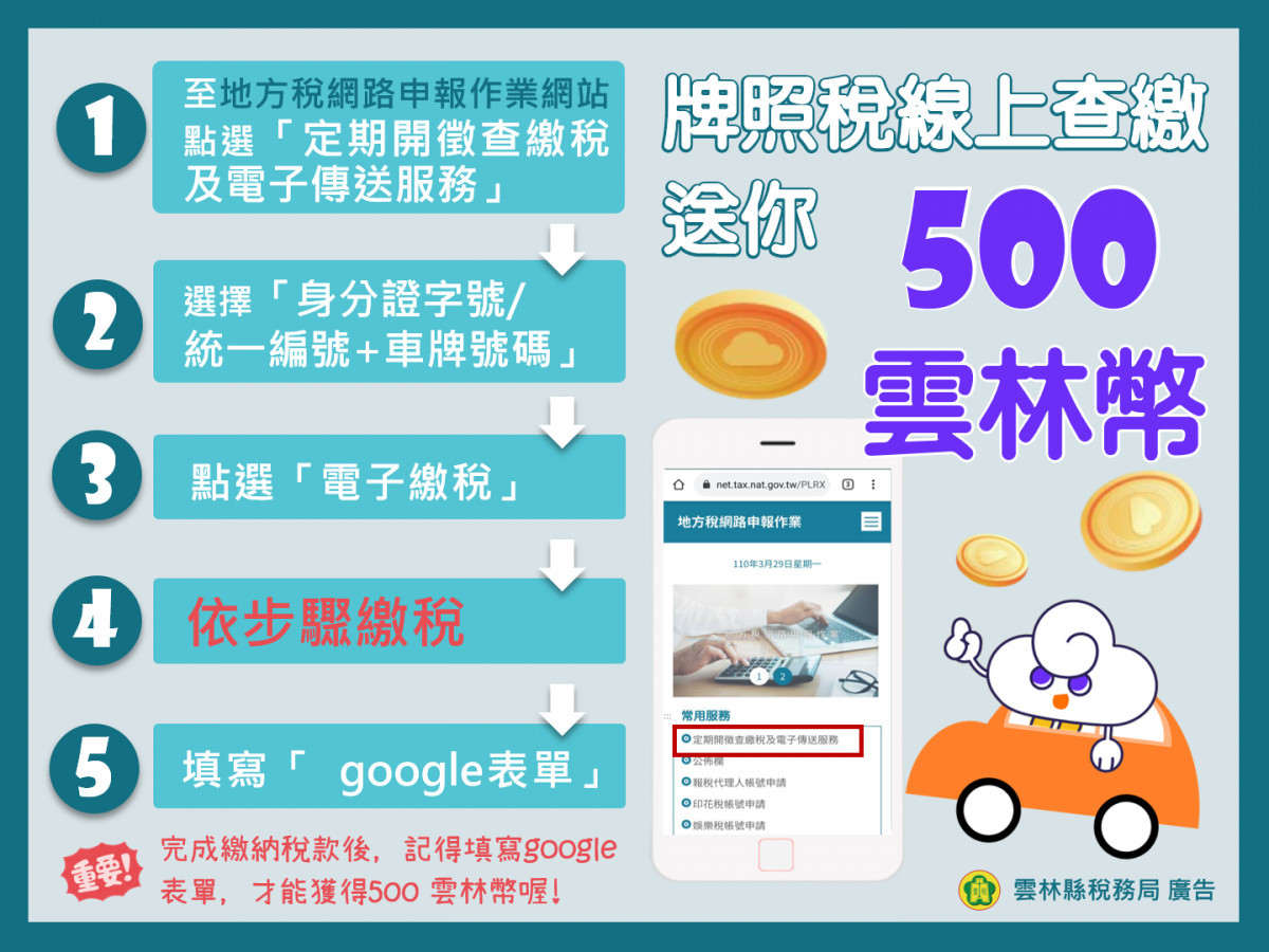 線上繳納牌照稅送500雲林幣/雲林縣稅務局提供