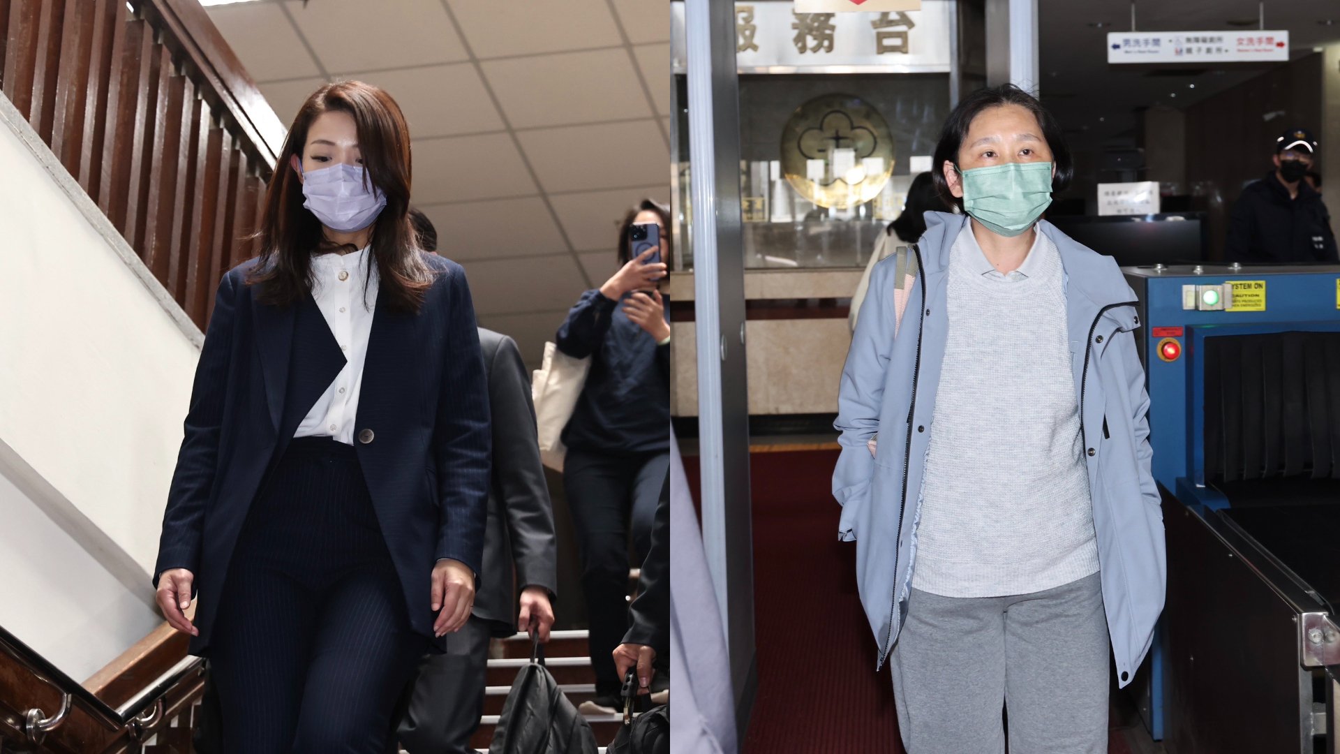 台北地方法院27日審理新竹市長高虹安被控在立委任內涉詐領助理費案,高虹安(左)、前助理「小兔」黃惠玟(右)出庭應訊。林啟弘攝